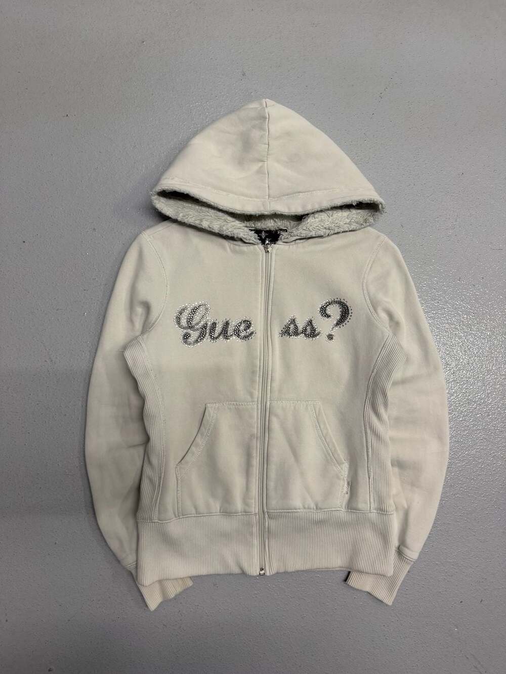 White Guess Jeans Zip-Up Sherpa Lined Hoodie with Rhinestone Logo